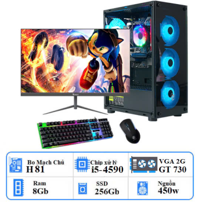 Bộ PC GAMING I5-GEN 4: H81/ i5-4590/ Ram 8Gb/ SSD 256Gb/ 450w/ VGA GT 730 -2G/ màn hình 22 inch/ Case Led
