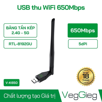 USB THU WIFI VEGGIEG 650Mbps 2 băng tần 2.4G - 5G : V-K650