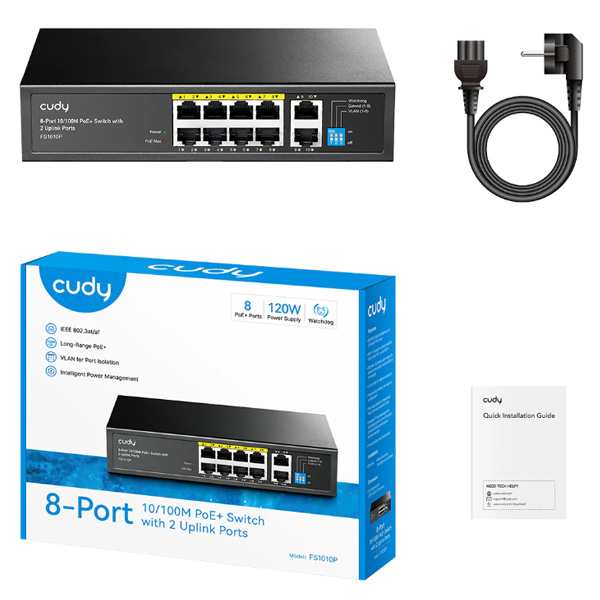 Thiết bị chuyển mạch (SWITCH) CUDY 8-Port 10/100M PoE+ Switch with 2 Uplink Ports 120W (FS1010P)