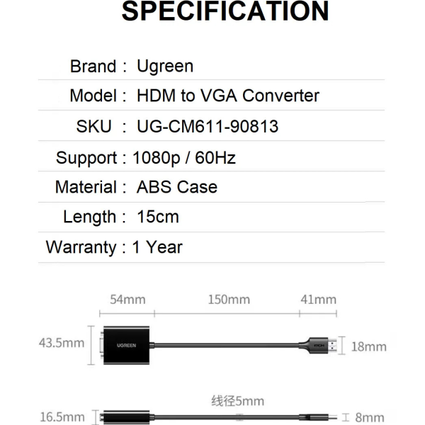 Cáp Chuyển HDMI to VGA Ugreen 90813/CM611, hỗ trợ FullHD 1080P@60Hz, Trợ nguồn cổng USB-C
