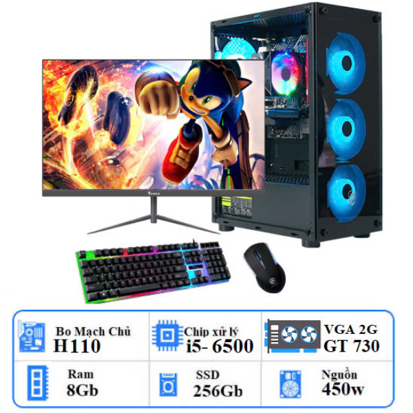 Bộ PC GAMING I5-GEN 6: H110/ i5-6500/ Ram 8Gb/ SSD 256Gb/ 450w/ VGA GT 730 -2G/ màn hình 22 inch/ Case Led