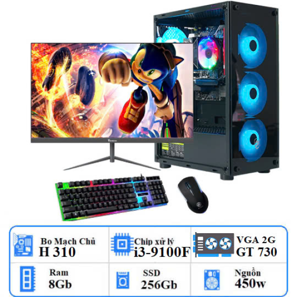 Bộ PC GAMING I3-GEN 09: H310/ i3-9100F/ Ram 8Gb/ SSD 256Gb/ 450w/ VGA GT 730 -2G/ màn hình 22 inch/ Case Led