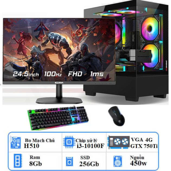 Bộ PC GAMING I5-GEN 10: H510/ i5-10400F/ Ram 8Gb/ SSD 256Gb/ 450w/ VGA GTX 750Ti -4G/ màn hình 24 inch/ Case Led