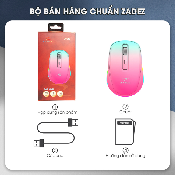 Chuột Zadez không dây M-382Z MÀU TÍM - HỒNG - ĐEN ( Bluetooth  và Wireless , sạc pin)