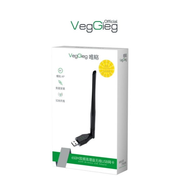 USB THU WIFI VEGGIEG 650Mbps 2 băng tần 2.4G - 5G : V-K650