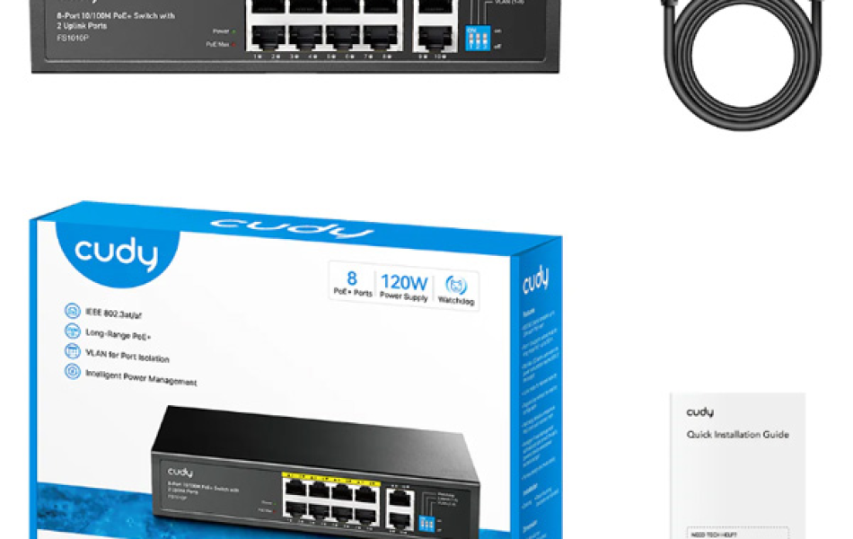 Thiết bị chuyển mạch (SWITCH) CUDY 8-Port 10/100M PoE+ Switch with 2 Uplink Ports 120W (FS1010P)