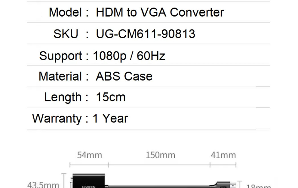 Cáp Chuyển HDMI to VGA Ugreen 90813/CM611, hỗ trợ FullHD 1080P@60Hz, Trợ nguồn cổng USB-C