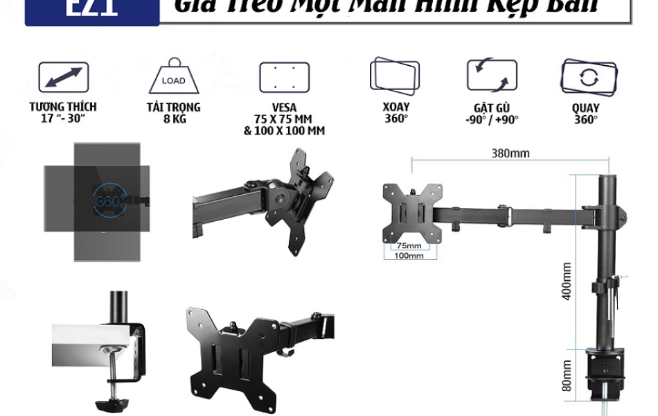 EZ1 - Arm treo 1 màn hình 17inch - 30inch ( tải trọng 8kg)