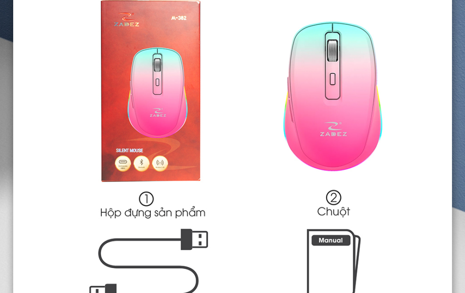 Chuột Zadez không dây M-382Z MÀU TÍM - HỒNG - ĐEN ( Bluetooth  và Wireless , sạc pin)