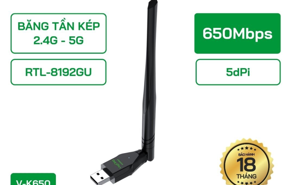 USB THU WIFI VEGGIEG 650Mbps 2 băng tần 2.4G - 5G : V-K650